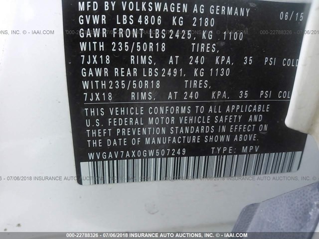 WVGAV7AX0GW507249 - 2016 VOLKSWAGEN TIGUAN S/SE/SEL/R-LINE WHITE photo 9