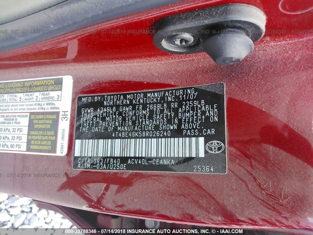 4T4BE46K58R026240 - 2008 TOYOTA CAMRY CE/LE/XLE/SE RED photo 9