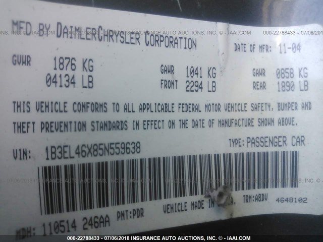 1B3EL46X85N559638 - 2005 DODGE STRATUS SXT GRAY photo 9