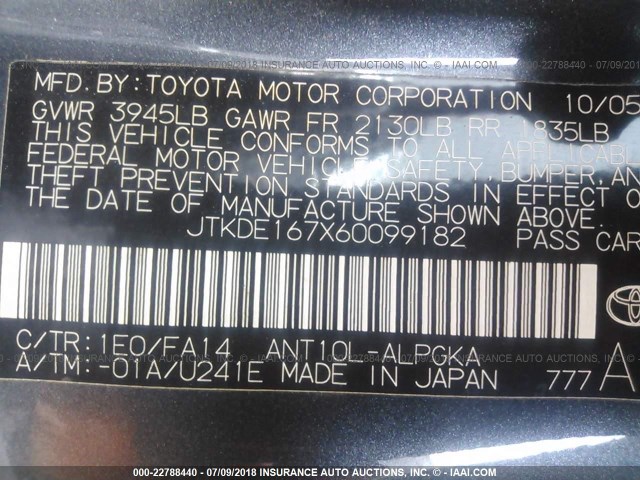 JTKDE167X60099182 - 2006 TOYOTA SCION TC 蓝色 照片 9