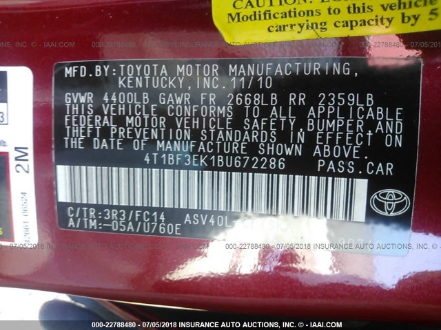 4T1BF3EK1BU672286 - 2011 TOYOTA CAMRY SE/LE/XLE წითელი ფოტო 9