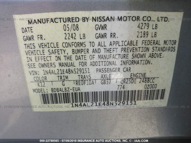 1N4AL21E48N529151 - 2008 NISSAN ALTIMA 2.5/2.5S SILVER photo 9