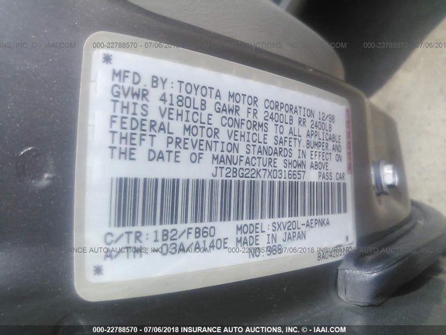 JT2BG22K7X0316657 - 1999 TOYOTA CAMRY LE/XLE GRAY photo 9