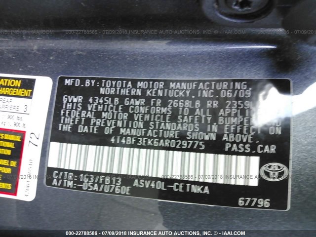 4T4BF3EK6AR029775 - 2010 TOYOTA CAMRY SE/LE/XLE GRAY photo 9