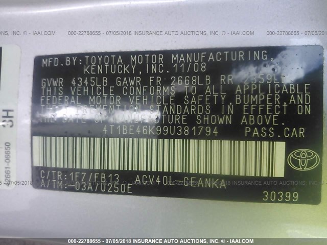 4T1BE46K99U381794 - 2009 TOYOTA CAMRY SE/LE/XLE SILVER photo 9