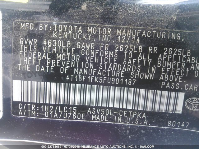 4T1BF1FK5FU901187 - 2015 TOYOTA CAMRY LE/XLE/SE/XSE 深蓝色 照片 9