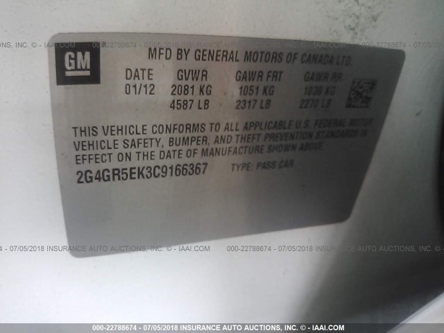 2G4GR5EK3C9166367 - 2012 BUICK REGAL WHITE photo 9