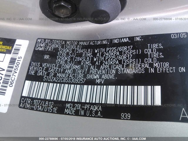 5TDZA22C85S309257 - 2005 TOYOTA SIENNA XLE/XLE LIMITED SILVER photo 9