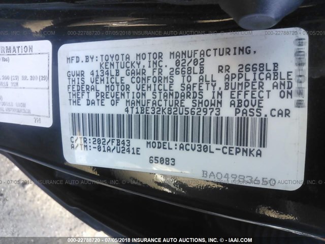 4T1BE32K82U562973 - 2002 TOYOTA CAMRY LE/XLE/SE 黑色 照片 9