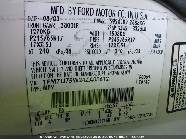 1FMZU75W24ZA03612 - 2004 FORD EXPLORER LIMITED WHITE photo 9