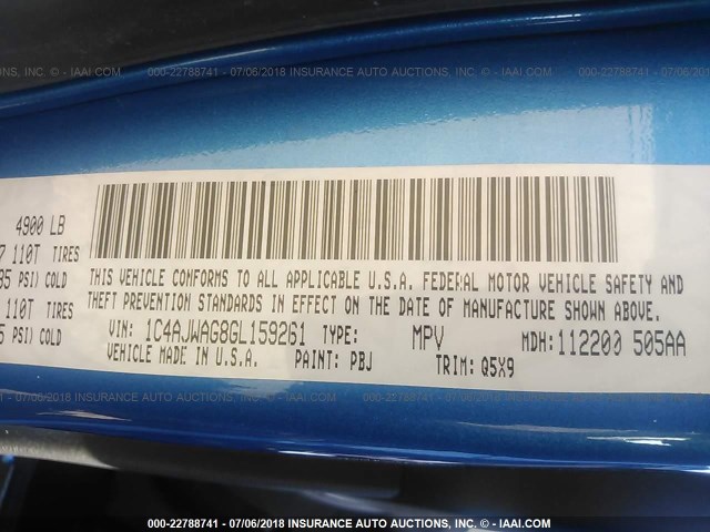 1C4AJWAG8GL159261 - 2016 JEEP WRANGLER SPORT Mavi foto 9