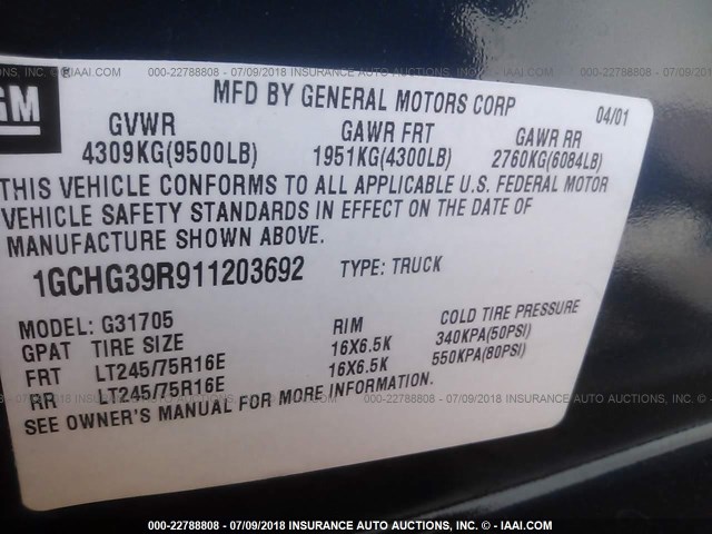 1GCHG39R911203692 - 2001 CHEVROLET EXPRESS G3500  BLUE photo 9