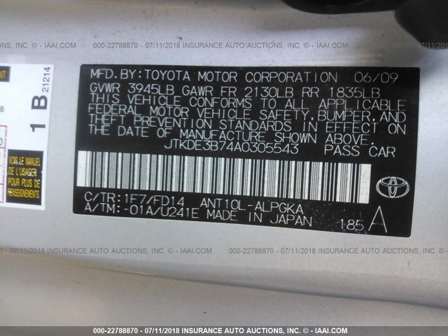 JTKDE3B74A0305543 - 2010 TOYOTA SCION TC 银色 照片 9