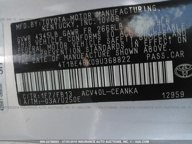 4T1BE46K09U368822 - 2009 TOYOTA CAMRY SE/LE/XLE 银色 照片 9