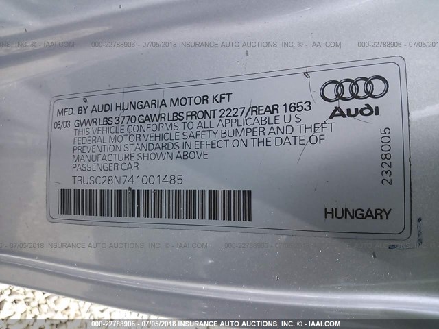 TRUSC28N741001485 - 2004 AUDI TT SILVER photo 9