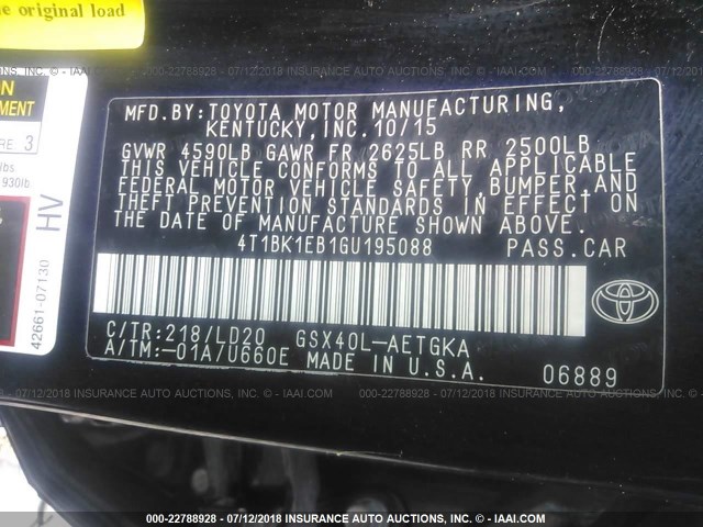 4T1BK1EB1GU195088 - 2016 TOYOTA AVALON XLE PLUS/PREMIUM/TOUR/LTD BLACK photo 9