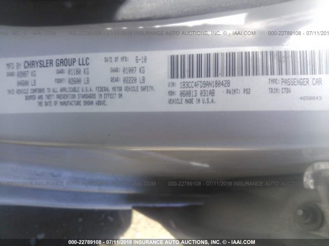 1B3CC4FD9AN180428 - 2010 DODGE AVENGER SXT SILVER photo 9