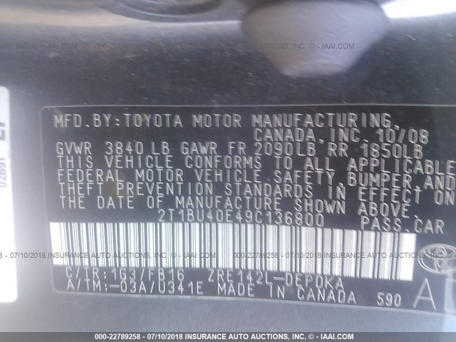 2T1BU40E49C136800 - 2009 TOYOTA COROLLA S/LE/XLE Boz foto 9