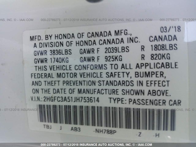 2HGFC3A51JH753614 - 2018 HONDA CIVIC SI WHITE photo 9