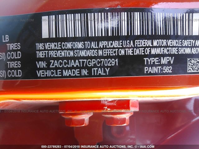 ZACCJAAT7GPC70291 - 2016 JEEP RENEGADE SPORT Նարնջագույն լուսանկար 9