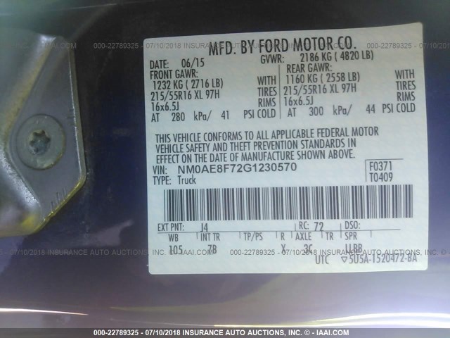 NM0AE8F72G1230570 - 2016 FORD TRANSIT CONNECT XLT BLUE photo 9