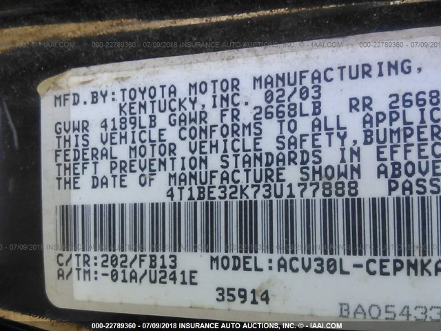 4T1BE32K73U177888 - 2003 TOYOTA CAMRY LE/XLE/SE 黑色 照片 9