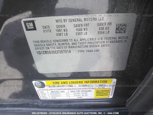 1G1ZB5E05CF267314 - 2012 CHEVROLET MALIBU LS GRAY photo 9