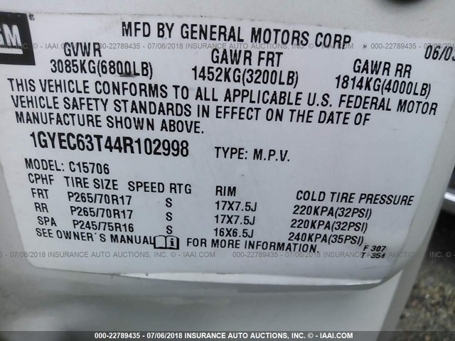 1GYEC63T44R102998 - 2004 CADILLAC ESCALADE LUXURY თეთრი ფოტო 9