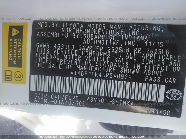 4T4BF1FK4GR540929 - 2016 TOYOTA CAMRY LE/XLE/SE/XSE 白色 照片 9