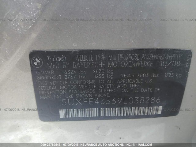 5UXFE43569L038286 - 2009 BMW X5 XDRIVE30I 金色 照片 9
