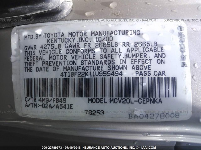 4T1BF22K11U959494 - 2001 TOYOTA CAMRY LE/XLE GOLD photo 9