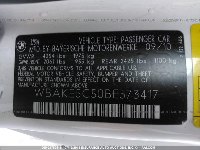 WBAKE5C50BE573417 - 2011 BMW 328 I SULEV WHITE photo 9