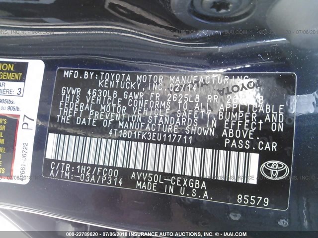 4T1BD1FK3EU117711 - 2014 TOYOTA CAMRY HYBRID/LE/XLE 蓝色 照片 9