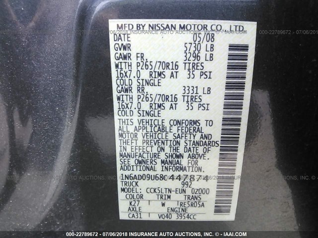 1N6AD09U68C447874 - 2008 NISSAN FRONTIER CREW CAB LE/SE/OFF ROAD GRAY photo 9