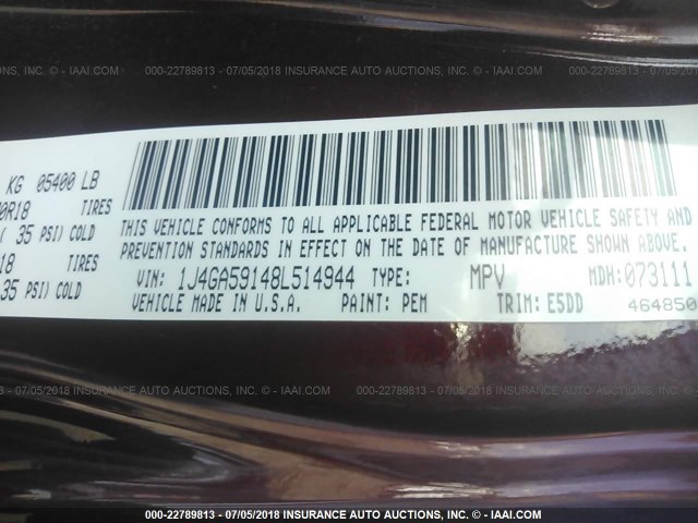 1J4GA59148L514944 - 2008 JEEP WRANGLER UNLIMITE SAHARA MAROON photo 9