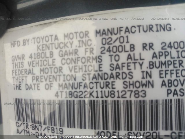 4T1BG22K11U812783 - 2001 TOYOTA CAMRY CE/LE/XLE 绿色 照片 9