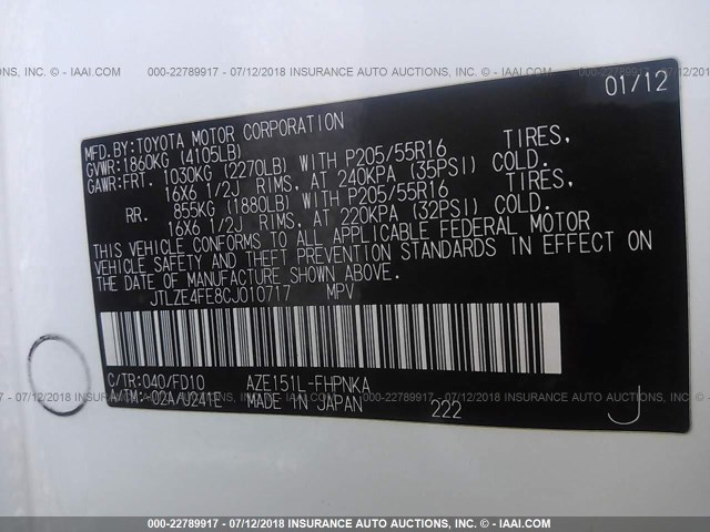 JTLZE4FE8CJ010717 - 2012 TOYOTA SCION XB Ақ фото 9