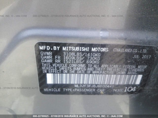 ML32F3FJ6JHF00441 - 2018 MITSUBISHI MIRAGE G4 ES Серебристый фото 9