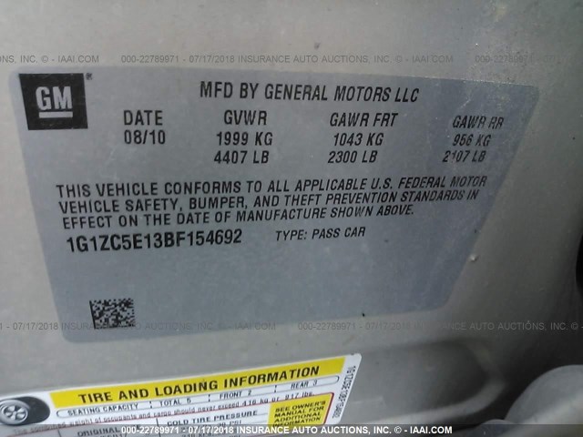 1G1ZC5E13BF154692 - 2011 CHEVROLET MALIBU 1LT 金色 照片 9