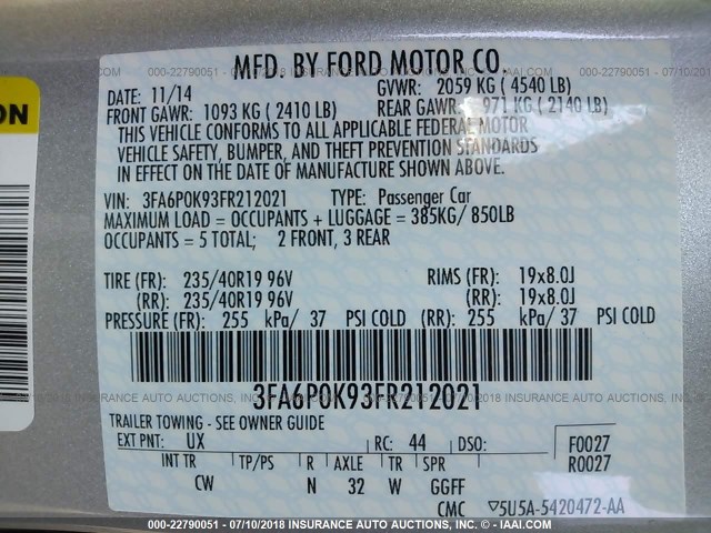 3FA6P0K93FR212021 - 2015 FORD FUSION TITANIUM SILVER photo 9