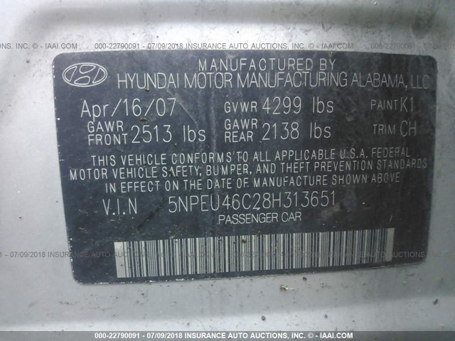 5NPEU46C28H313651 - 2008 HYUNDAI SONATA SE/LIMITED SILVER photo 9