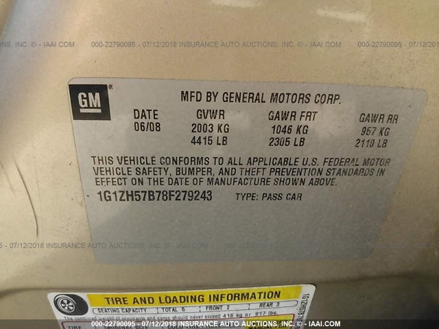 1G1ZH57B78F279243 - 2008 CHEVROLET MALIBU 1LT 金色 照片 9