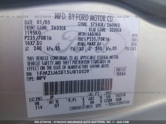 1FMZU63E15UB10539 - 2005 FORD EXPLORER XLT/XLT SPORT/NBX 白色 照片 9