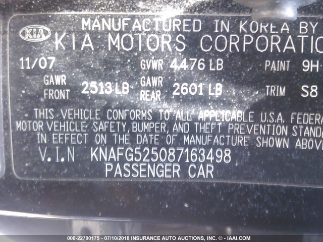 KNAFG525087163498 - 2008 KIA RONDO LX/EX BLACK photo 9