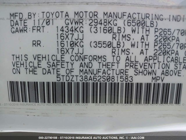 5TDZT38A62S081583 - 2002 TOYOTA SEQUOIA LIMITED WHITE photo 9