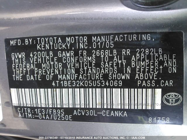 4T1BE32K05U534069 - 2005 TOYOTA CAMRY LE/XLE/SE 灰色 照片 9