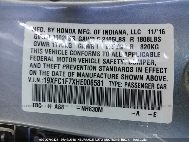 19XFC1F7XHE006581 - 2017 HONDA CIVIC EXL 银色 照片 9