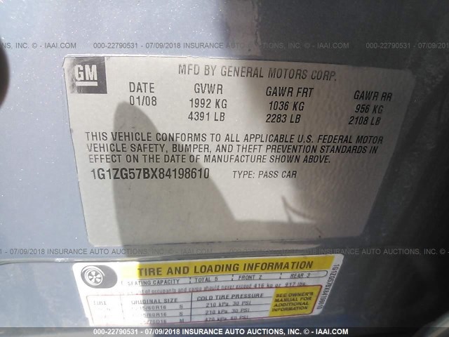 1G1ZG57BX84198610 - 2008 CHEVROLET MALIBU LS Light Blue photo 9