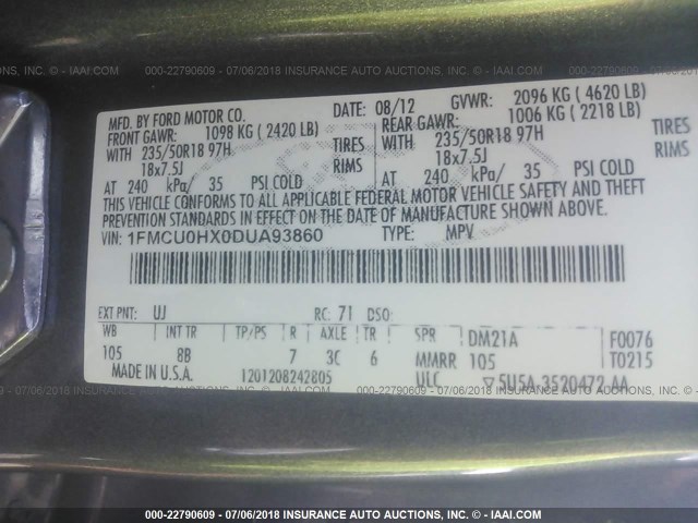 1FMCU0HX0DUA93860 - 2013 FORD ESCAPE SEL GOLD photo 9