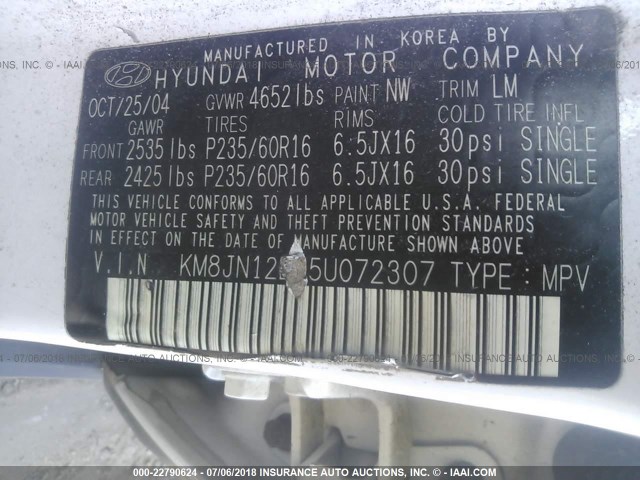 KM8JN12D05U072307 - 2005 HYUNDAI TUCSON GLS/LX WHITE photo 9